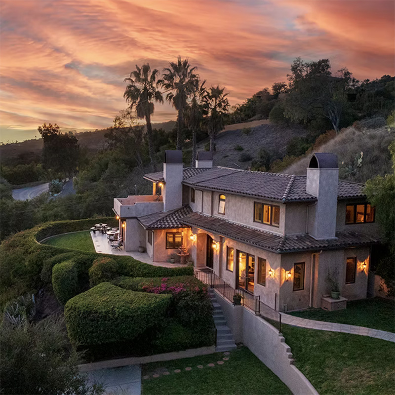 sunset-house-drone drone shot of house at sunset
